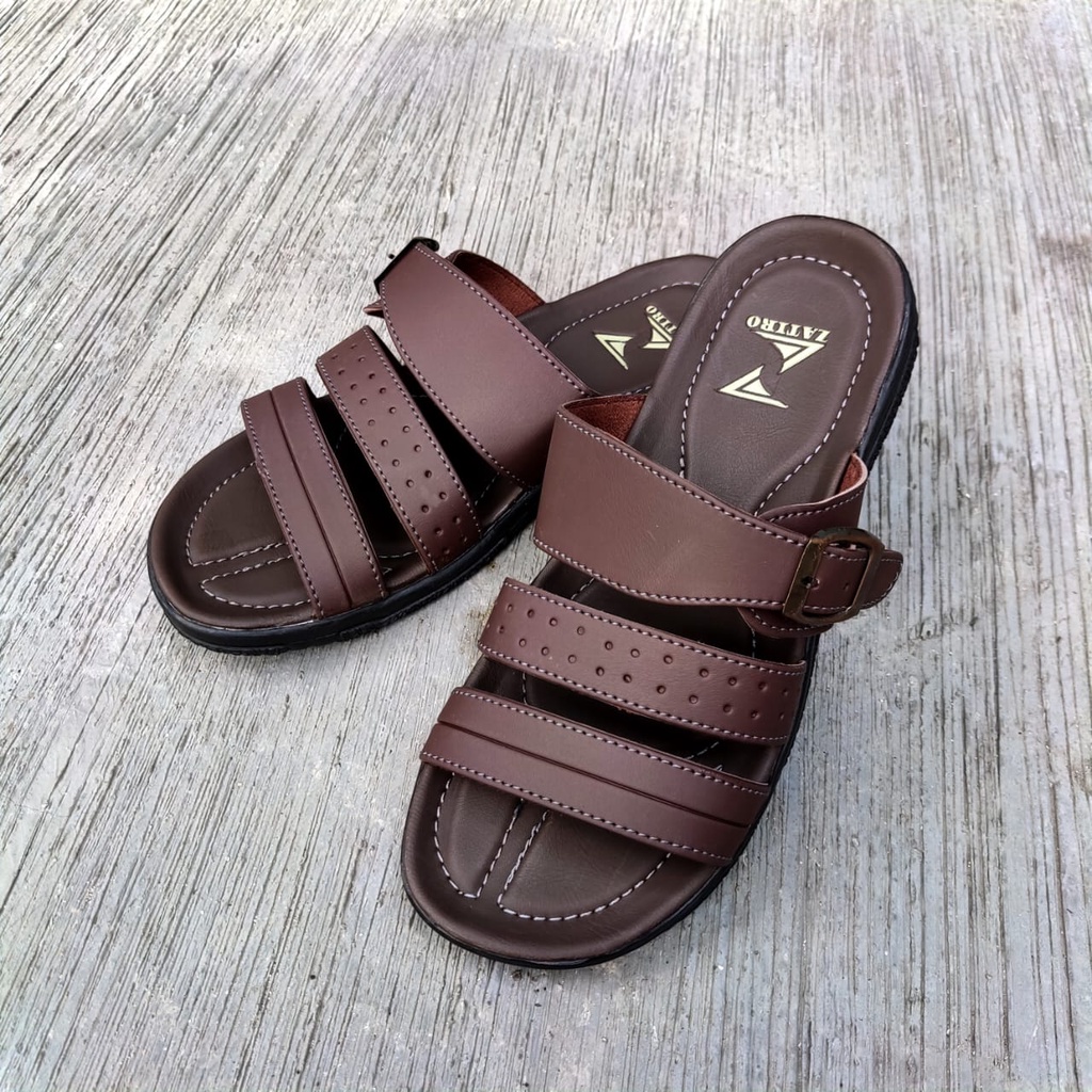 Sandal Slop Kulit Pria Slide Brown Coklat Original Handmade Kasual Santai Outdoor Zatiro Slip On Kondangan Trendy Kekinian Murah Terlaris (COD) 38-43