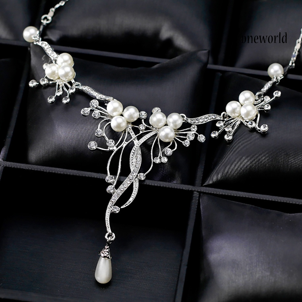 OW@ Rhinestone Faux Pearl Flower Necklace Earrings Women Wedding Jewelry Set