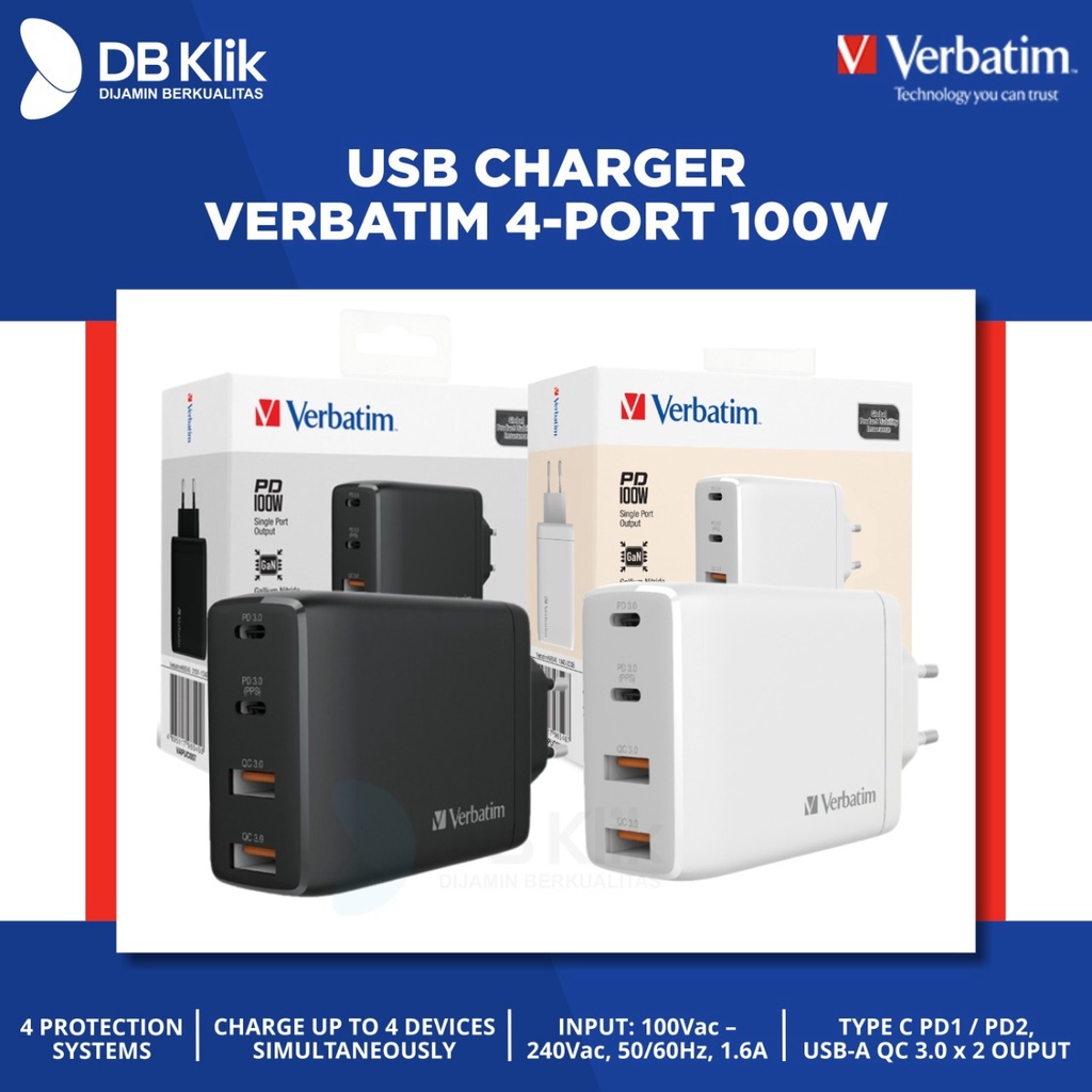 USB Charger Verbatim 4-port 100W with PD 3.0 &amp; QC 3.0 GaN