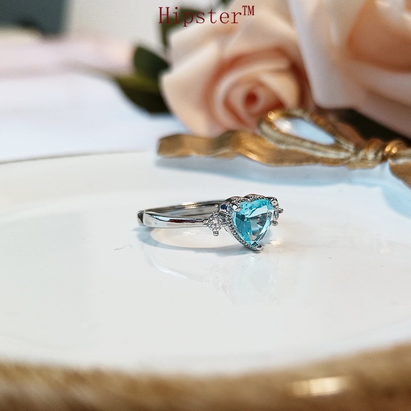 Best-Selling Classic Light Luxury Inlaid Heart-Shaped Aquamarine Couple Romantic Adjustable Ring