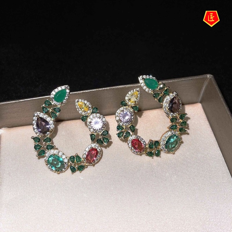 [Ready Stock]S925 Silver Luxury Colorful Circle Emerald Stud Earrings