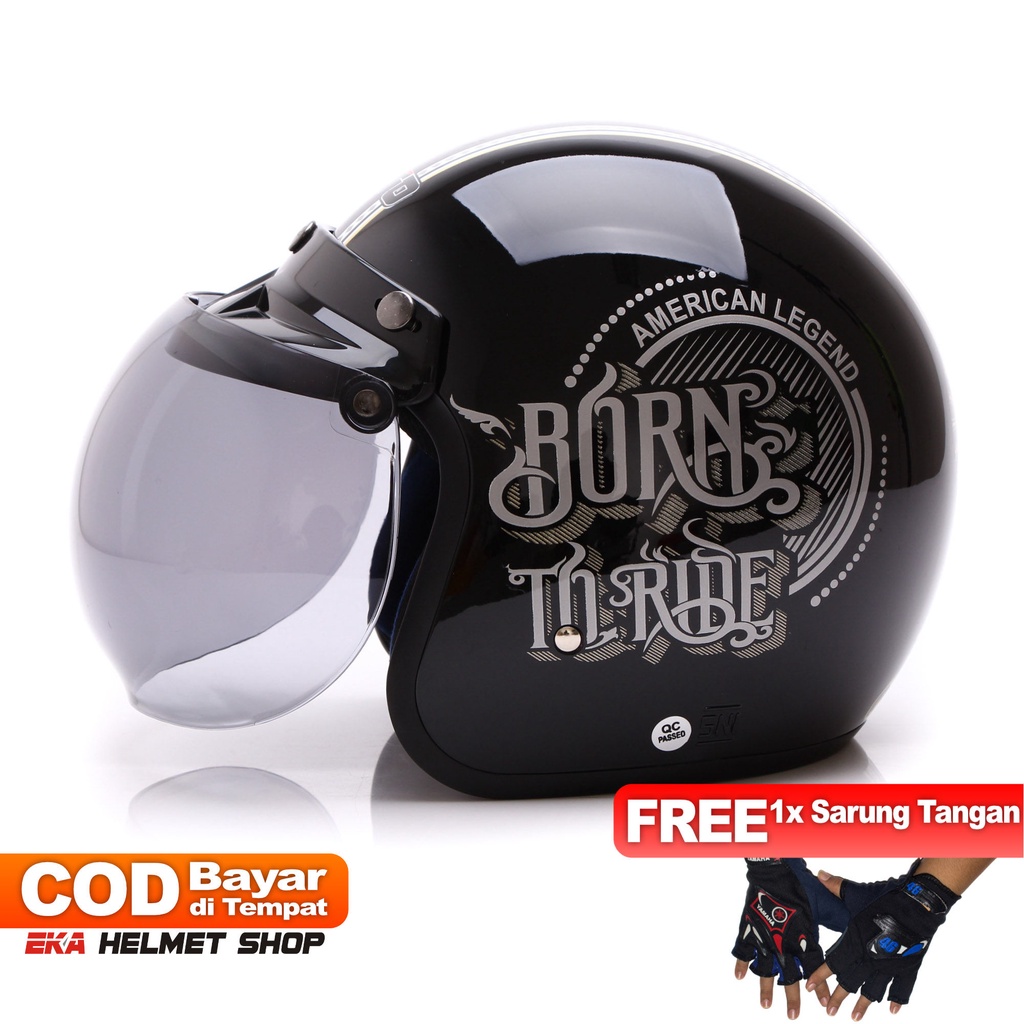 [Helm Dewasa] WTO Helm Retro - Born To Ride - Hitam + Promo Gratis Sarung Tangan