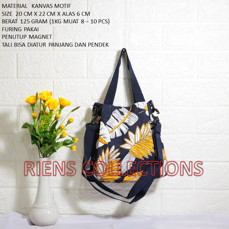 SLING BAG TAS SELEMPANG KANVAS MOTIF ANEKA DAUN BIRU RIENS COLLECTIONS. TAS KANVAS JOGJA