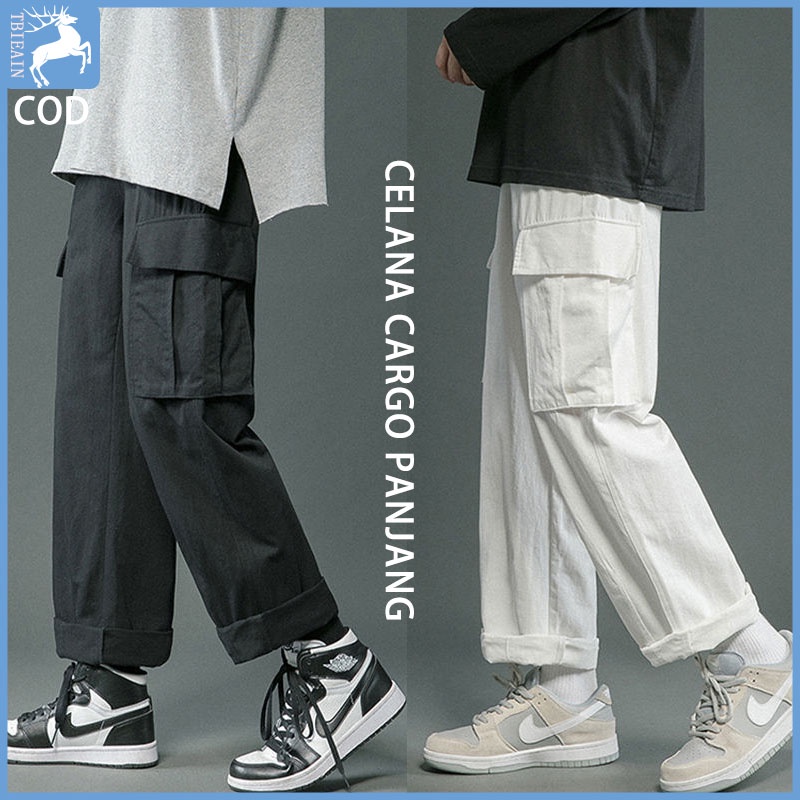 Celana cargo panjang pria Cargo pants pria Celana cargo hitam Celana gombrang pria korean style loose pants pria