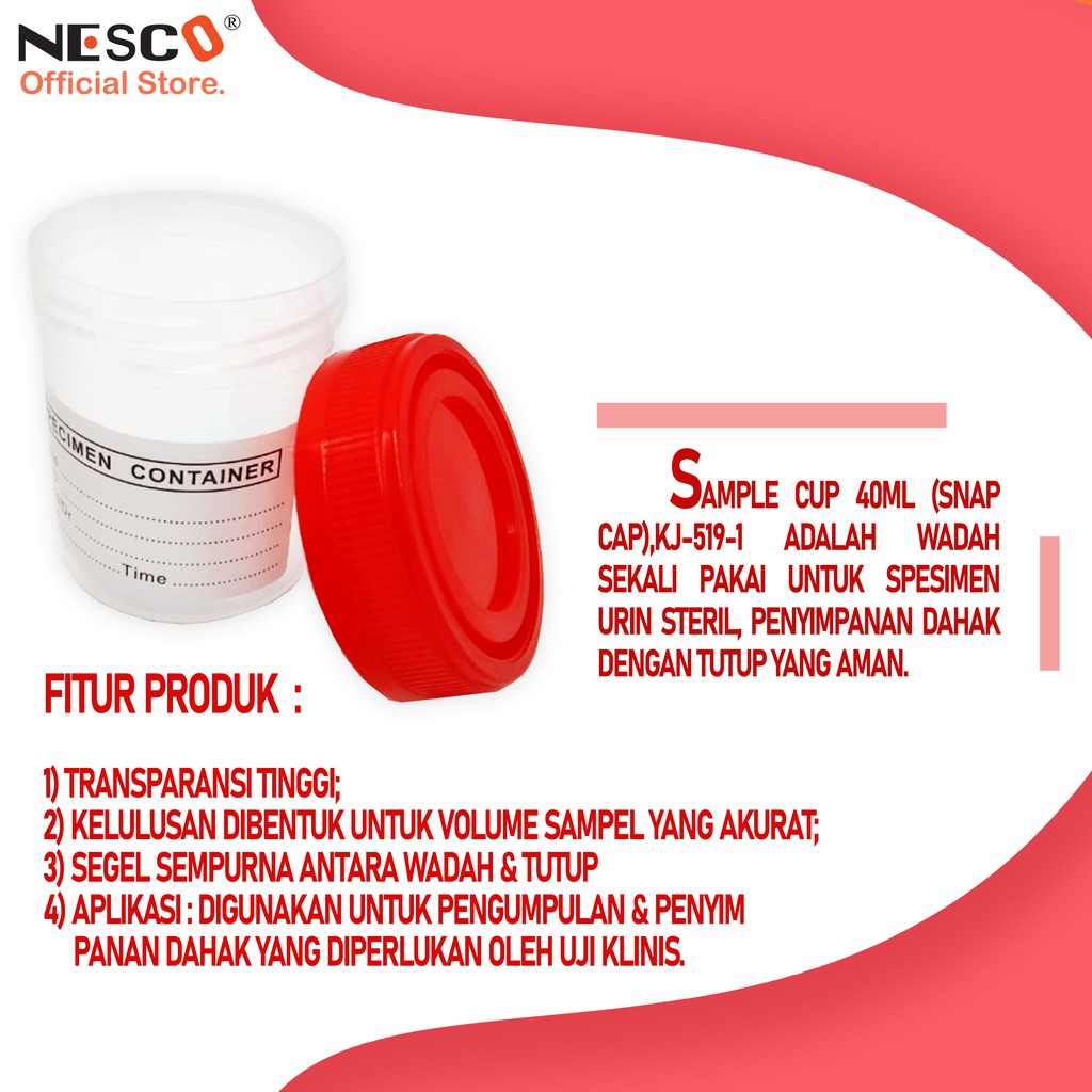 Pot Urine / Sample Cup / Cup Urine 40-120ml (Snap Cap), Nesco, 1 Bag isi 20pcs, FM, BEST SELLER