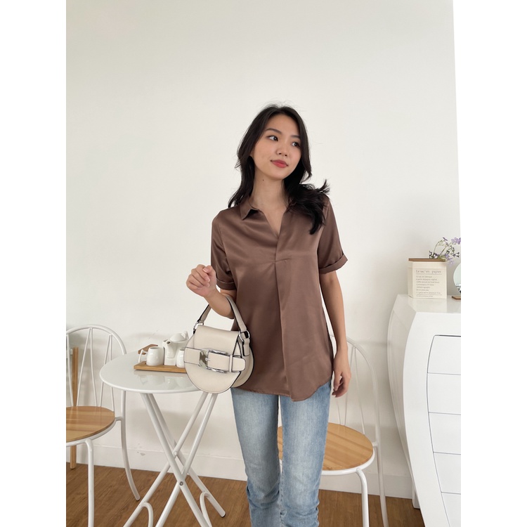 T-0456 Blouse Satin Premium Tangan Pendek Kerah Top Atasan Wanita