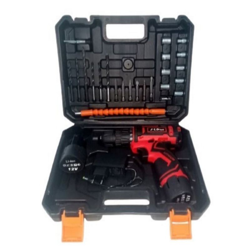 Bor Drill Bor Baterai Cordless 12v JLD 2 Baterai Warna Merah Bor Charge Set Box JLD Tools