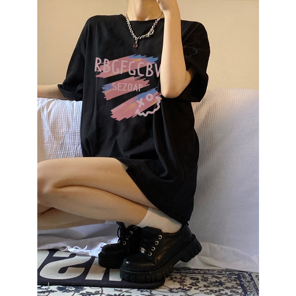 baju atasan wanita korean style letters graphic printing kaos import oversize hitam t shirt