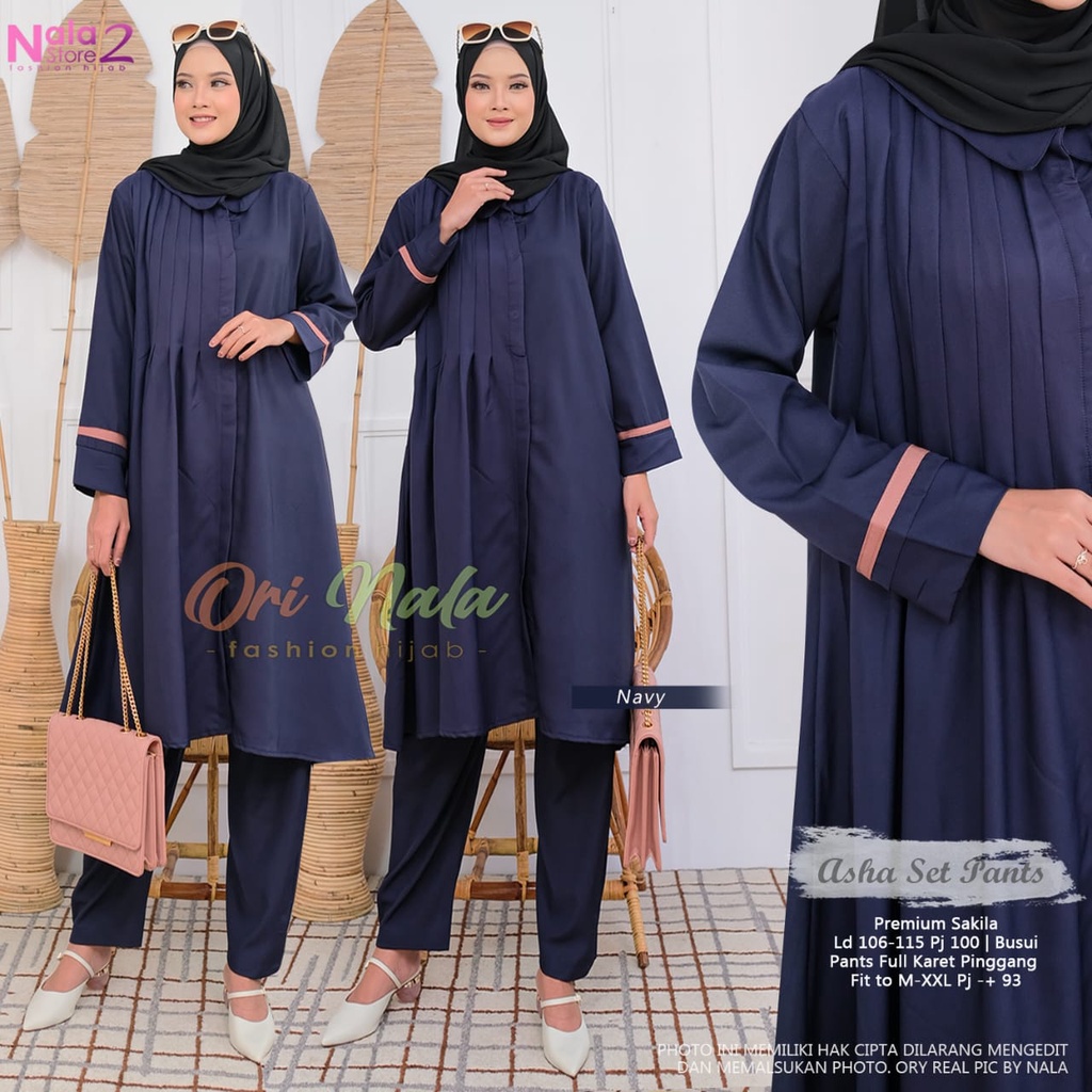 ASHA SET PANTS BY NALA SETELAN ONE SET SETCEL TUNIK CELANA POLOS BAHAN PREMIUM SAKILA LD 106-115 CM