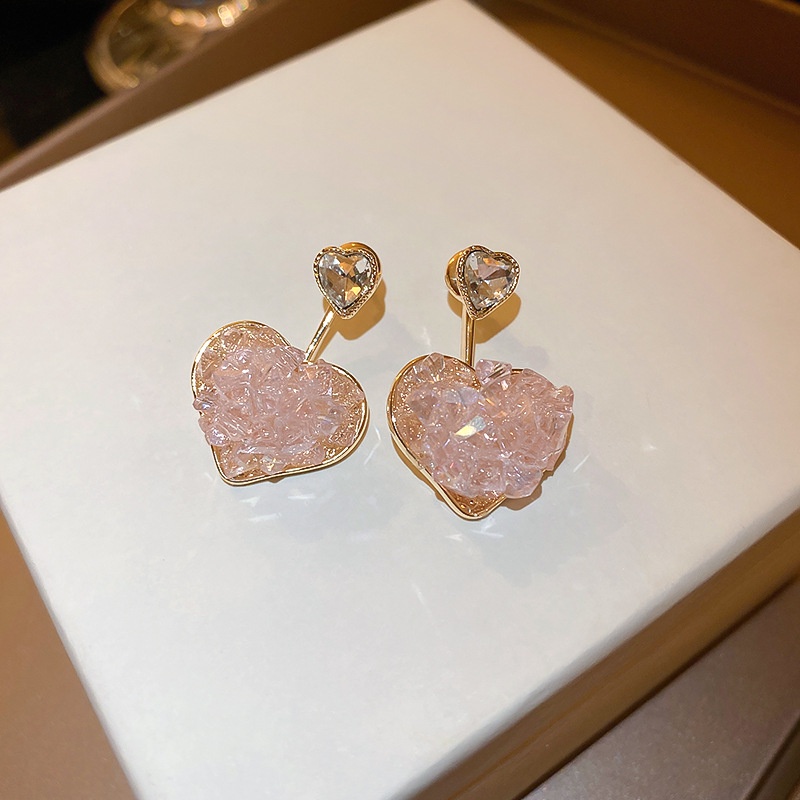 Anting Bentuk Hati Aksen Kristal Warna Pink