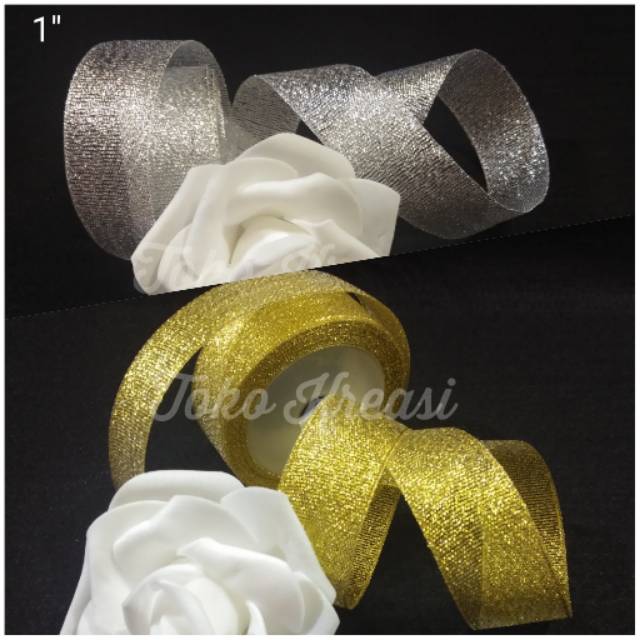 Pita glitter ukuran 1inci / 2,5cm warna silver dan emas