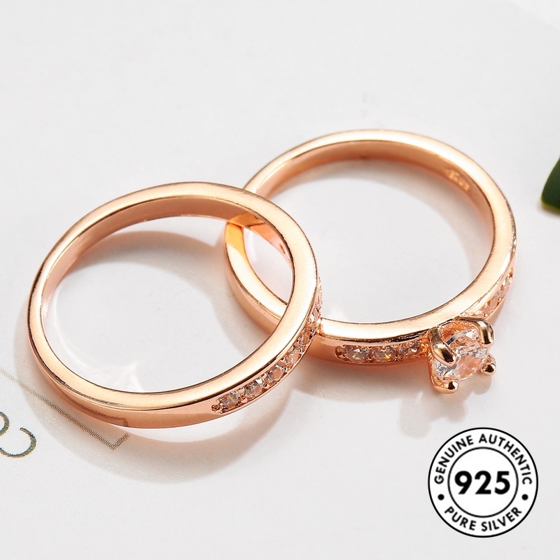 Set Cincin Berlian Klasik Bahan S925 Silver Warna Rose Gold