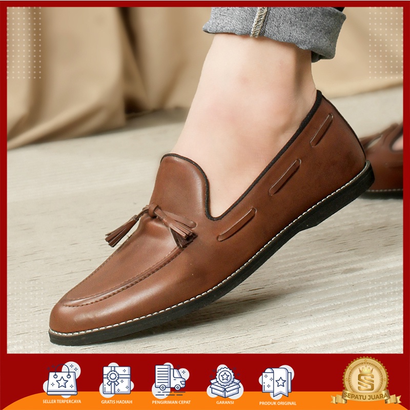 SPJ x CALU - Sepatu Slip On Loafers Pria Wanita Bahan Kulit Premium Warna Cokelat Hitam - Sepatu Pan