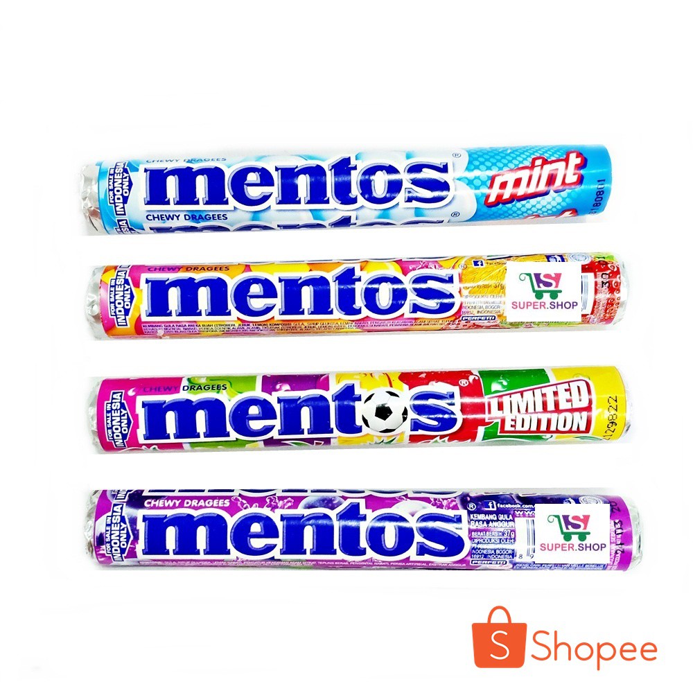 MENTOS Roll Permen Chewy Dragees Mint / Anggur / Fruit / Rainbow 29 Gram