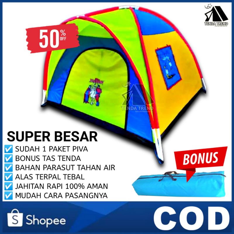 Tenda Anak Murah Anak Karakter Jumbo Perempuan dan Laki Laki Camping Mainan Outdoor ukuran 140x140