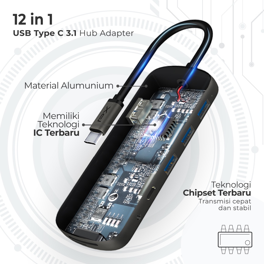PX UCH120B 12 IN 1 Type C 3.1 Hub Converter to HDMI USB 3.0 - Garansi Resmi PX