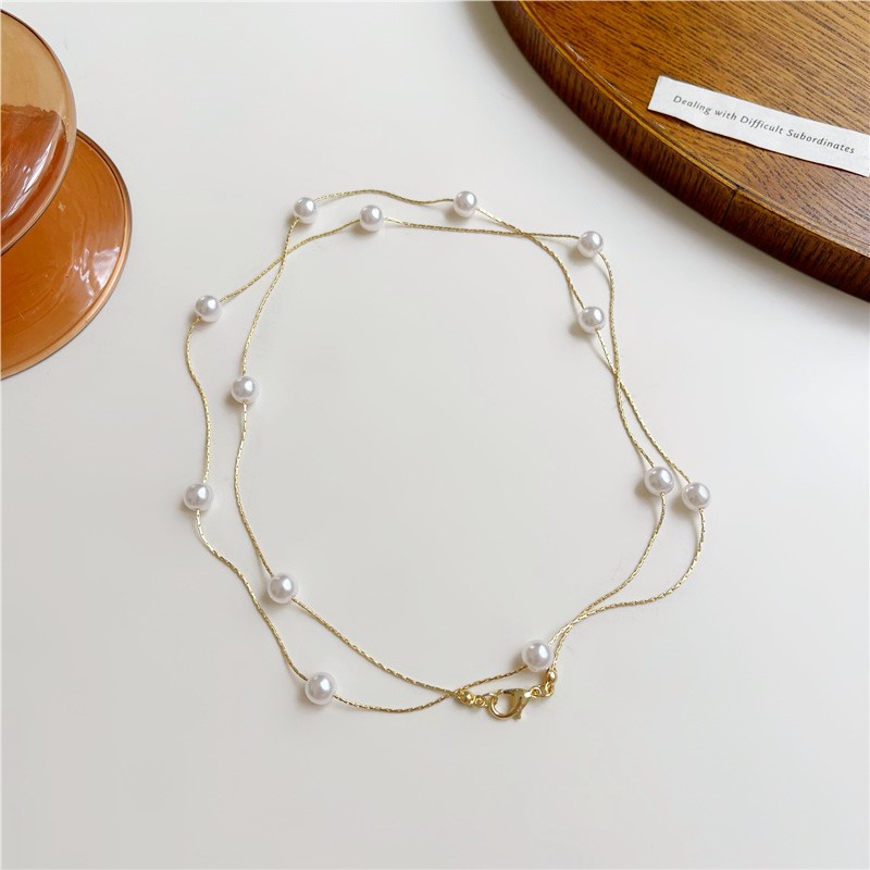 Kalung Rantai Wanita Model Lapis Ganda Aksen Mutiara Untuk Musim Panas