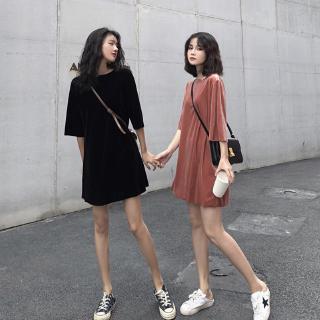 Dress Kaos  Model Longgar Lengan  Pendek  Warna Emas Bahan 