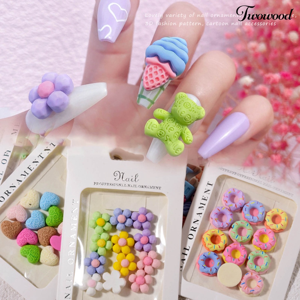 Twowood 12Pcs / Set Ornamen Kartun Beruang / Bunga Bahan Resin Untuk Dekorasi Nail Art DIY