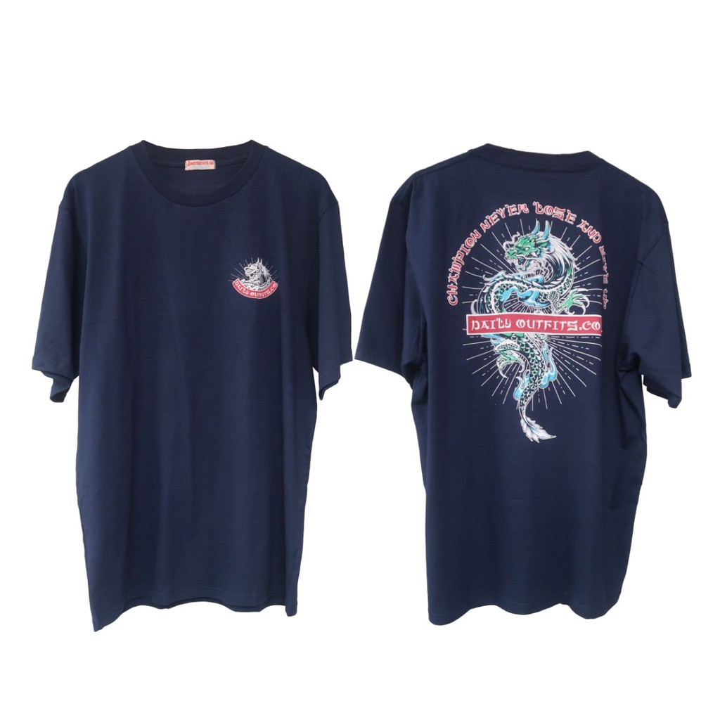 Kaos Sablon Casual Lengan Pendek Champion Never Lose And Give Up Navy Unisex Premium Quality