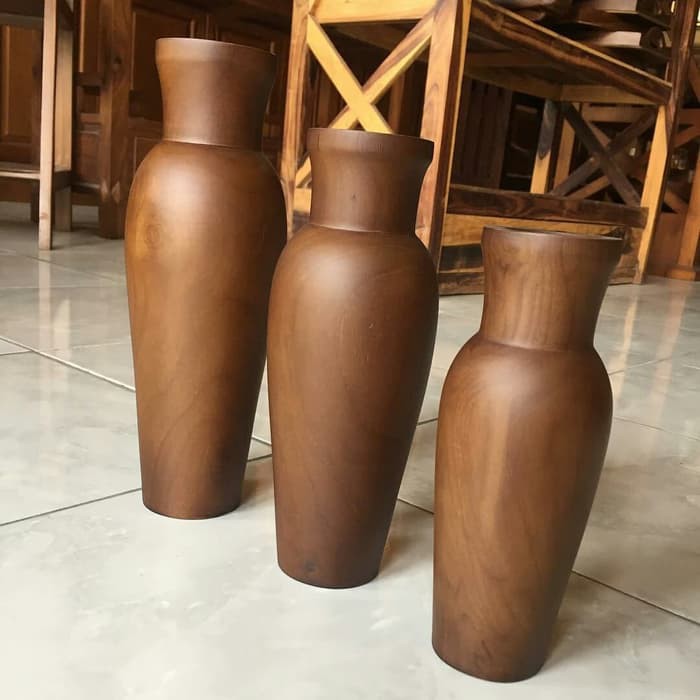 Vas bunga kayu jati polos model Guci
