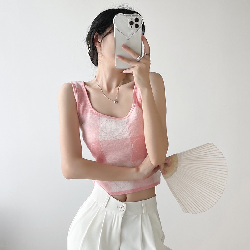 【Elegant】Checkered sleeveless Knit Crop Top 7486