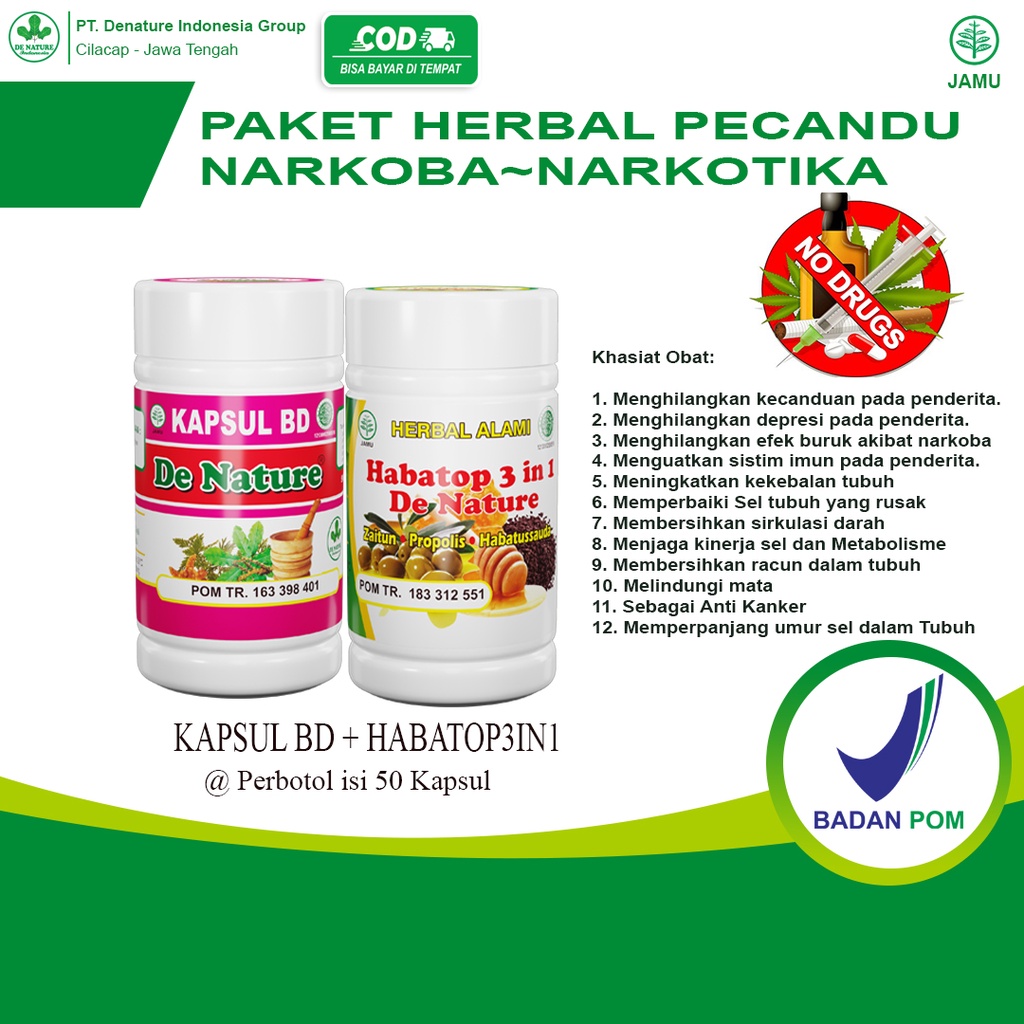 Kapsul BD Habatop De Nature Herbal penyembuh kecanduan narkoba, ketergantungan narkotika miras sabu 