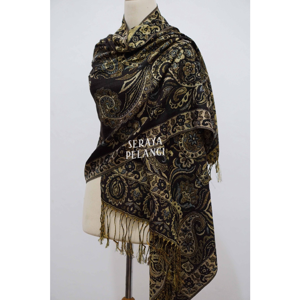 Pashmina Cashmere Metalik 07 Selendang Scarf Syal Shawl Pasmina Souvenir Hadiah Ulang Tahun Birthday Gift Aksesoris Fashion Wanita Import Quality Grosir Murah Benang Emas Perak Gold Silver Thread Seraya Pelangi