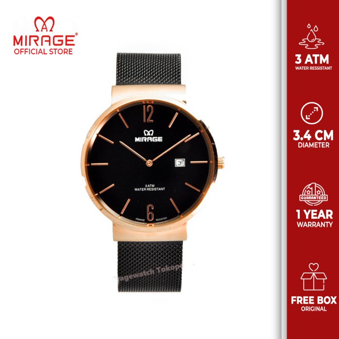 ✿ BISA COD ✿ JAM TANGAN WANITA MIRAGE HITAM ROSEGOLD TALI PASIR 8624M pH