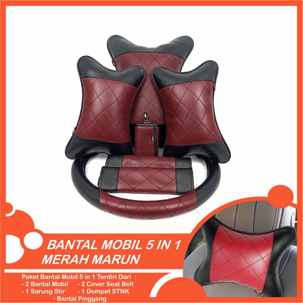 Set Bantal Mobil 5 in 1 Premium Bantal Leher Bantal Pinggang Cover Stir Seatbelt Free Dompet STNK