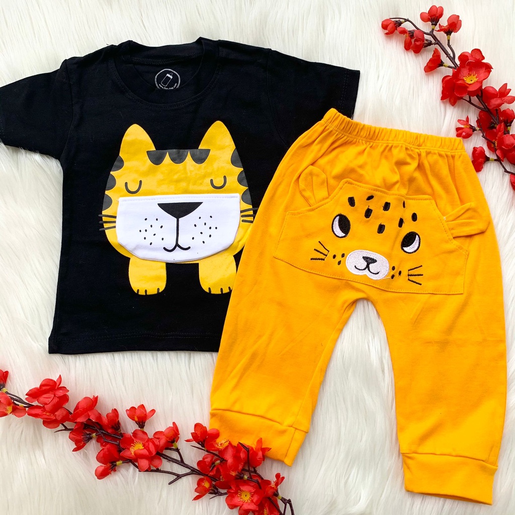 Baju setelan kaos celana gambar lucu pergi santai fashion anak bayi laki cowok murah -hung