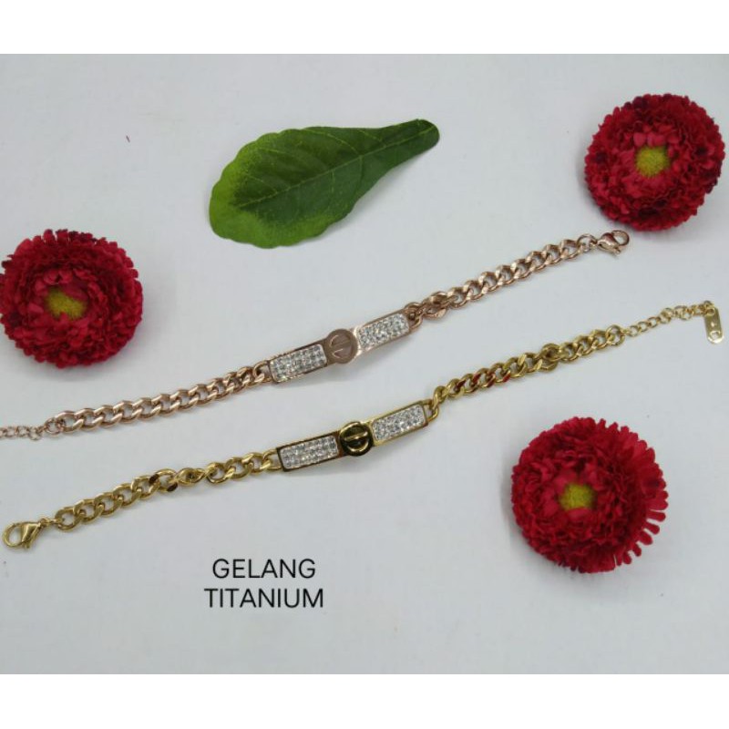 Fourfashion Gelang Titanium Wanita Rantai Plat Permata Kekinian S076