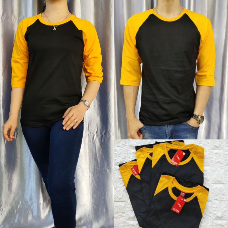 kaos raglan polos lengan 3/4 Hitam-Kuning uk m l xl xxl pria/wanita