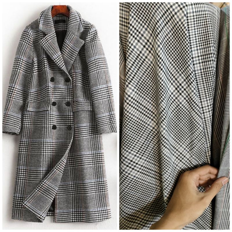 Kain blazer semiwool kotak houndstooth  - Bahan blezer semi wool motif kotak - kain semi woll metera