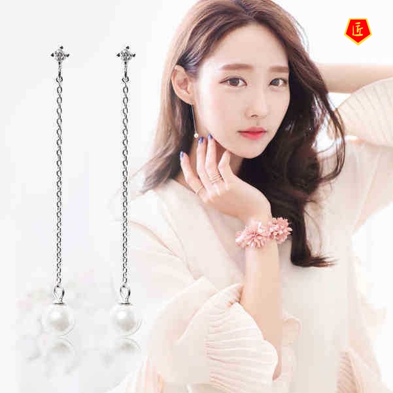 [Ready Stock]Elegant Silver Long Fringed Pearl Earrings for Women