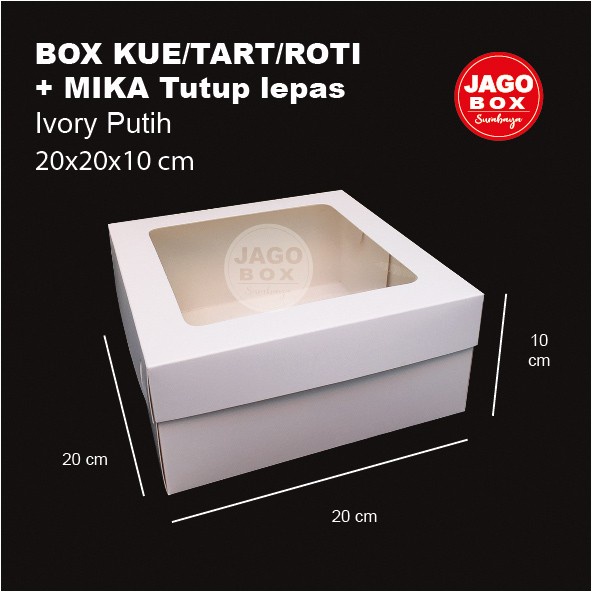 Box Kotak Kue/Tart/Roti 20x20x10 cm Tutup Lepas + Mika Ivory Putih