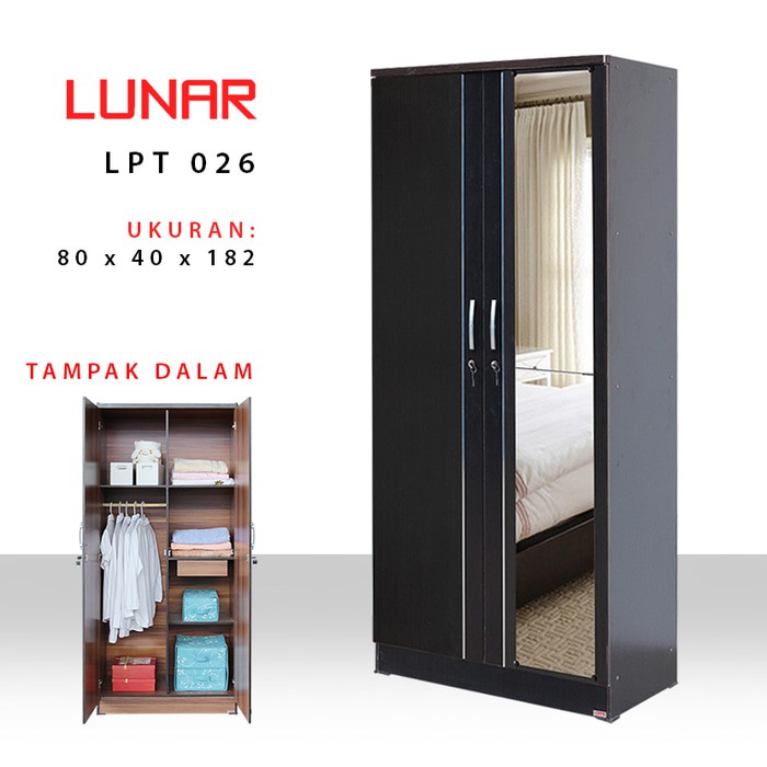 Lemari Pakaian 2 Pintu Tarik Minimalis dengan Cermin Panjang by Lunar