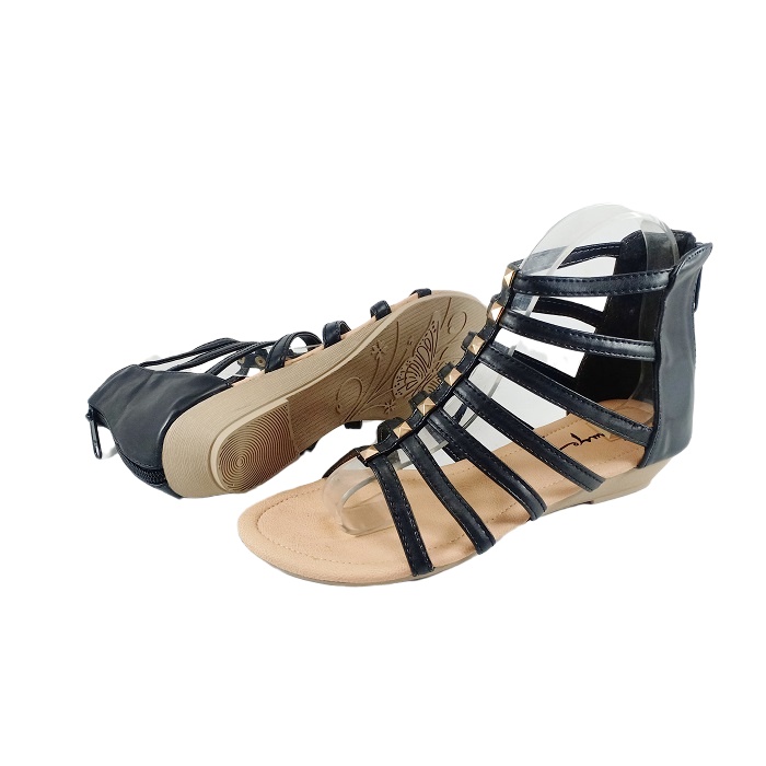 Emye GL07 Sandal Slop Gladiator Tali Wanita Pengikat Zipper Mewah Elegan Murah 2021-HITAM
