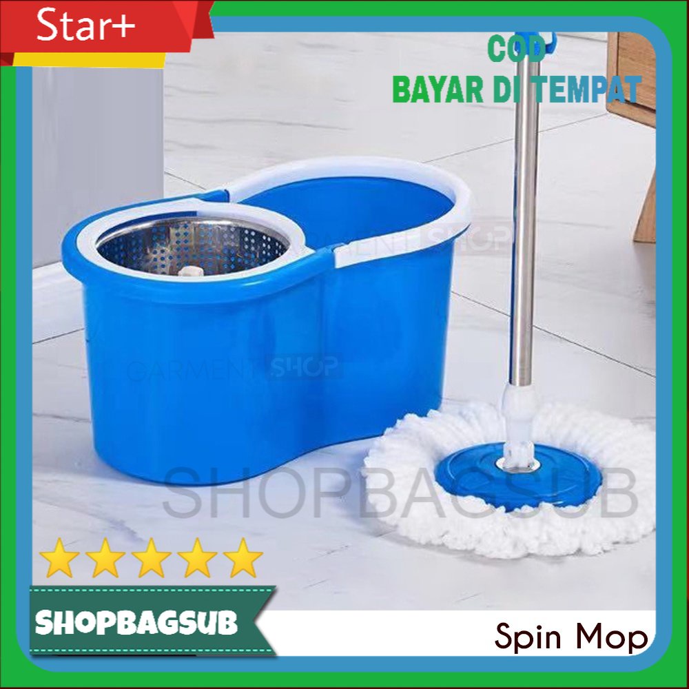Alat Pel Praktis Spin Mob Putar Otomatis Pengepel Lantai Dengan Ember Stainless dan Kain Fiber SHOPB