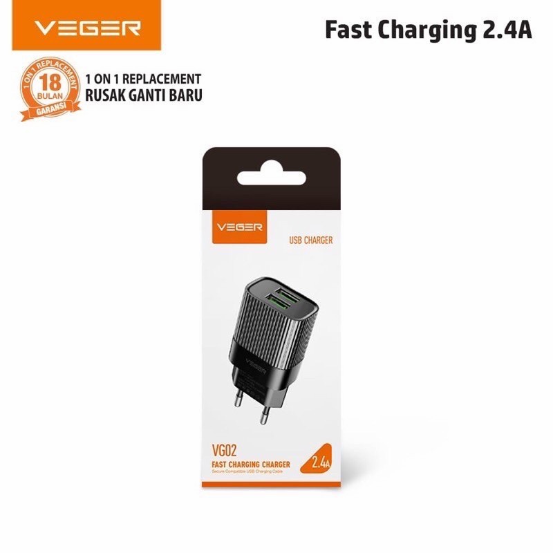 VEGER VG02 Charger Fast Charging 2.4A 2 USB Port Original Veger