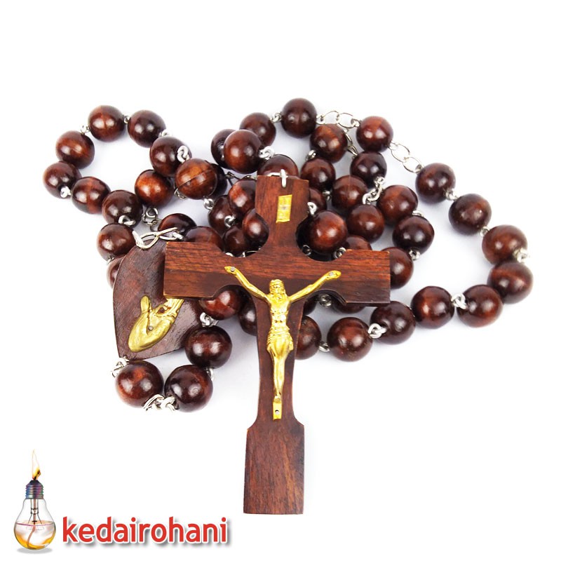 Rosario Dinding Gantung Manik Mote Besar Kayu 2,5 cm Rangkaian Logam Devosi Maria