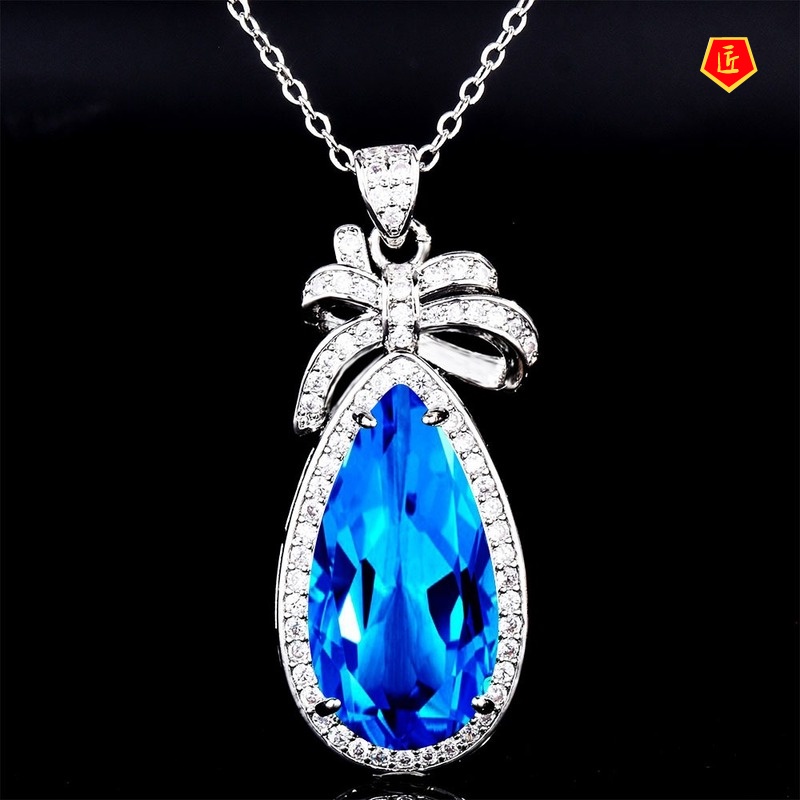 [Ready Stock]Emerald Water Drop Pear-Shaped Pendant Exaggerated Large Colored Gems Necklace