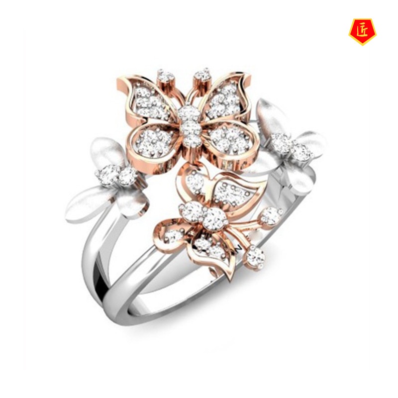 [Ready Stock]Elegant Personality Double Butterfly Diamond Ring 18K Gold