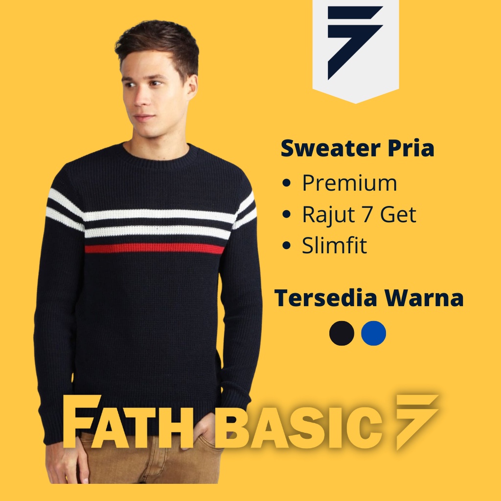 Sweater Pria Bahan Rajut Tebal Motif Salur Garis Tracker Korean Style