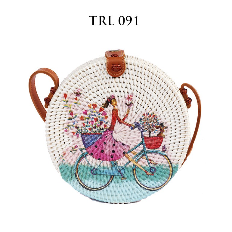Sweet Honey ~ Grosir Tas Rotan Bali Bulat Lukis 20cm Decoupage Motif Gadis Bersepeda TRL091 [Bisa COD]