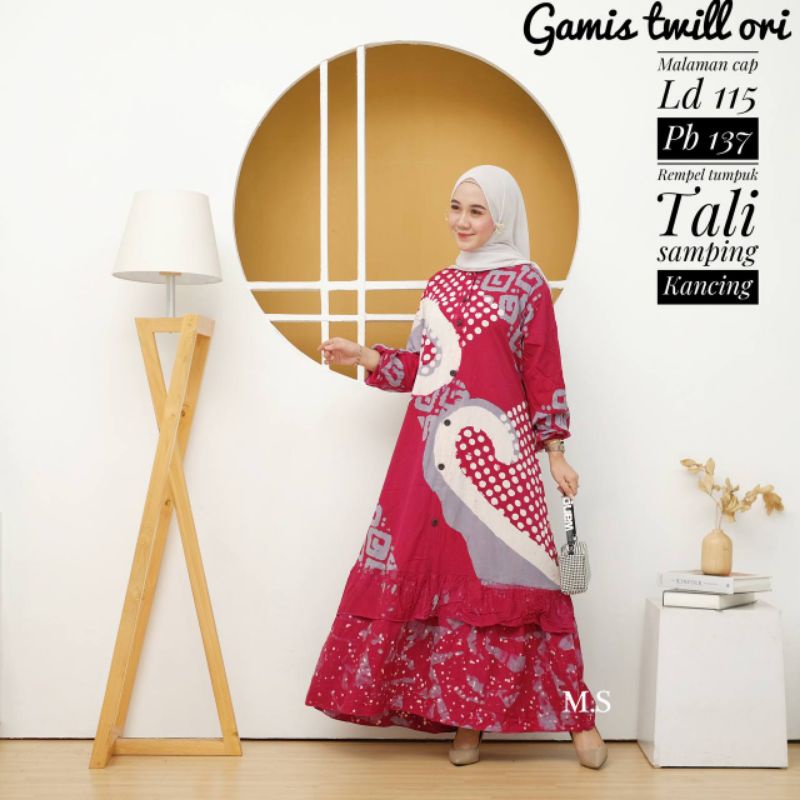Gamis Twill Ori Gamis Batik Cap Malaman Karetan Model Rempel Susun Tumpuk Busui  Kancing  Depan Mera