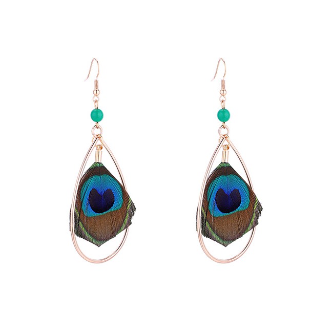 LRC Anting Gantung Fashion Gold Peacock Feather Tassel Earrings Y61255