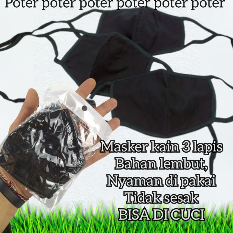 3pc Masker kain hijab 2lapis 3 ply polos hitam kuping mulut wajah debu pelindung katun tebal premium