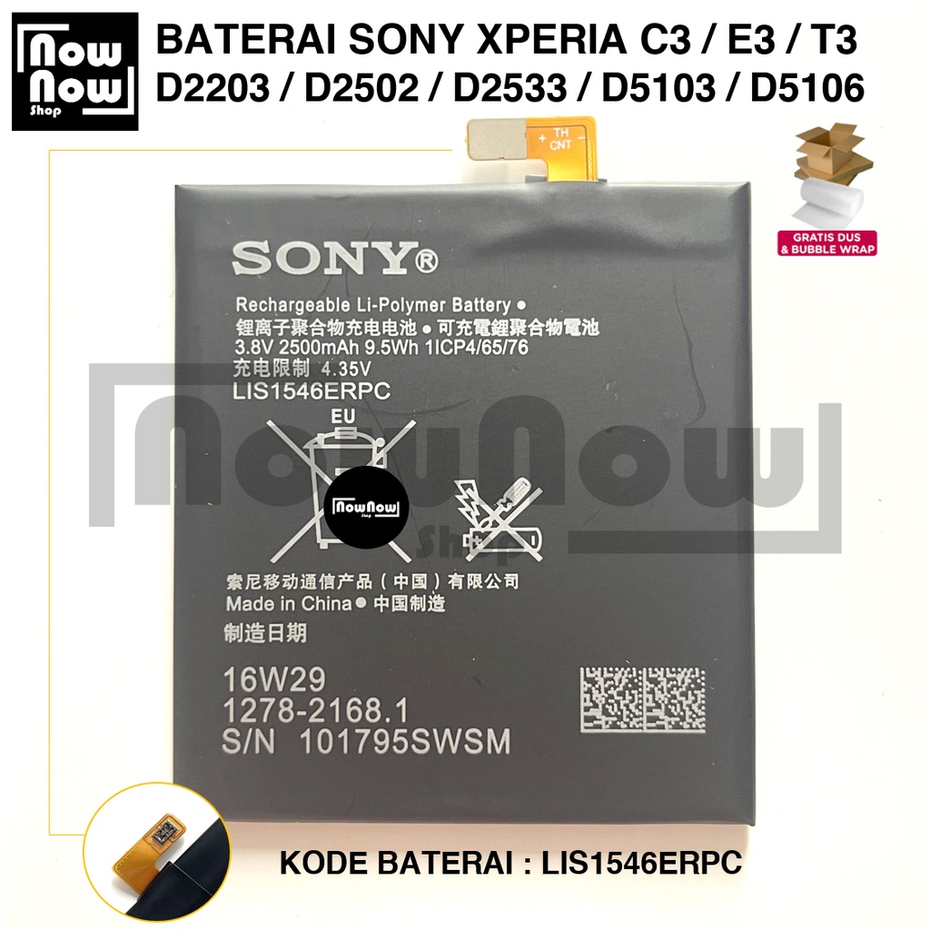 Baterai Sony Xperia C3 / E3 / T3 / D2203 / D2502 / D2505 / D2533 / D5102 / D5103 / D5106 LIS1546ERPC 1ICP4/65/76 Batre Batrai Battery HP