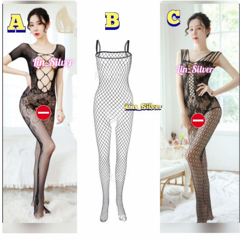 Lingerie Body Stocking Hitam Melar Wanita Seksi S M L XL